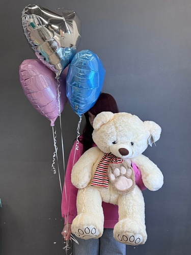 3 Шара "сердце" и плюшевый медведь 